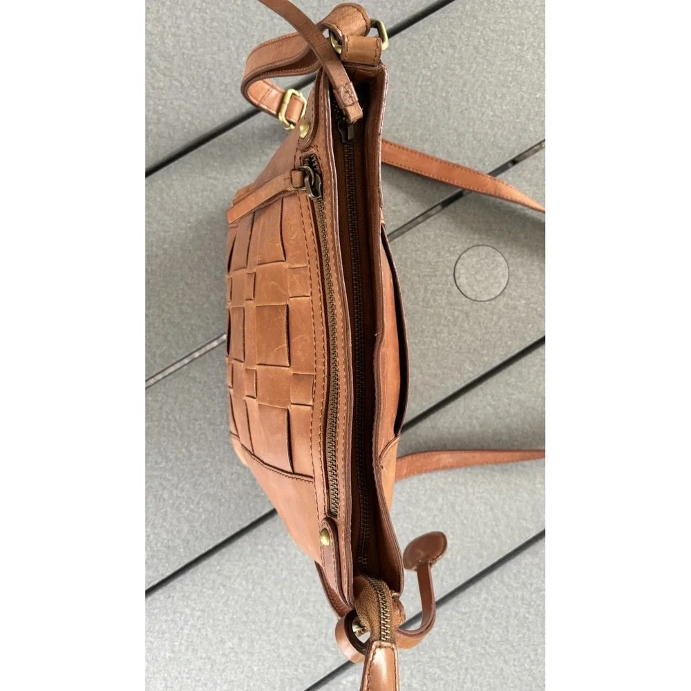 Born Brown Leather Woven Crossbody Bag Basket Weave Design